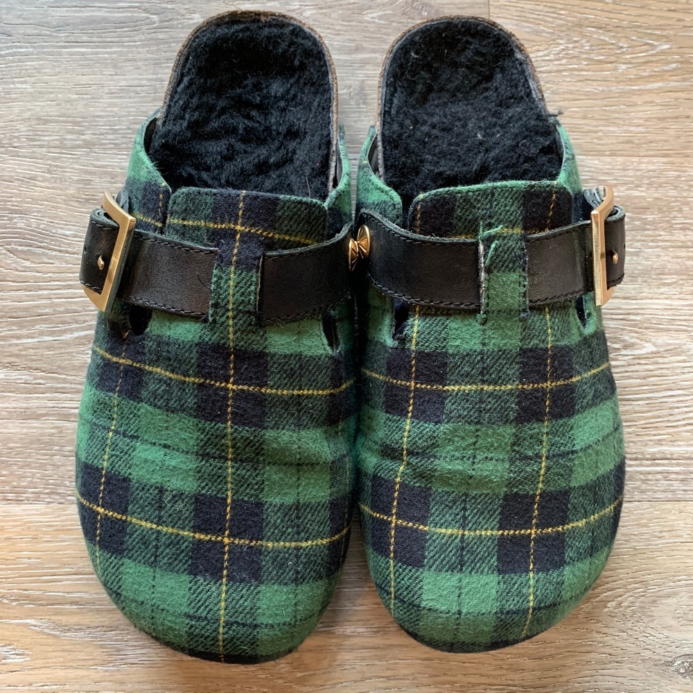 ISAAC MIZRAHI Plaid Shearling Buckle Mules